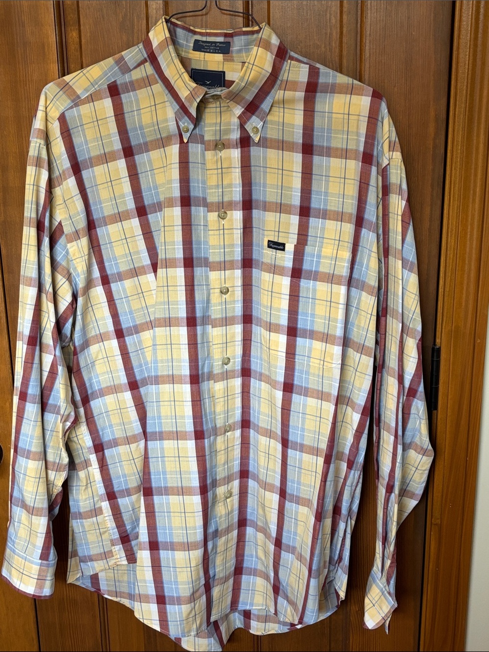 Faconnable Classique Vintage Plaid Button Down Shirt Yellow Red Men's Large